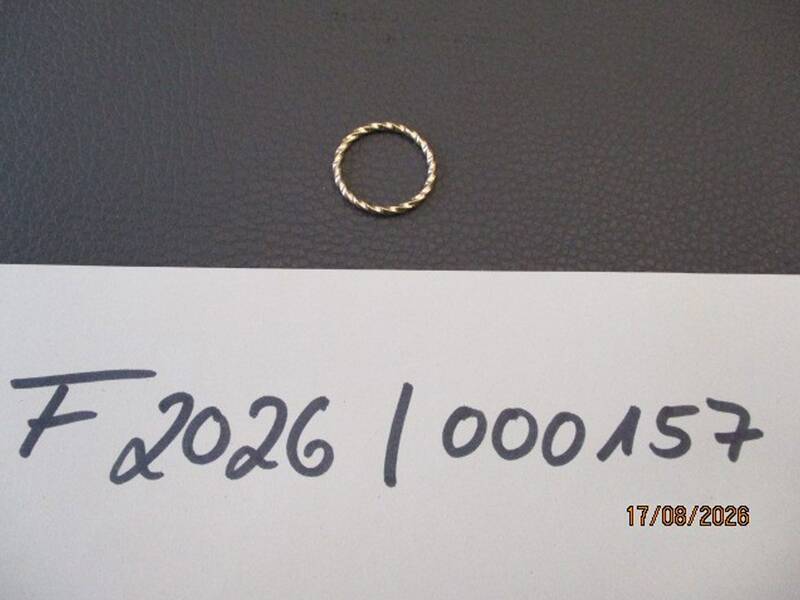 Ein kleiner, gedrehter Metallring liegt auf einer schwarzen Oberfläche, darunter ist eine weiße Karte mit der handschriftlichen Aufschrift "F 2026 | 000157" und dem Datum "17/08/2026". KI-BildBeschreiber