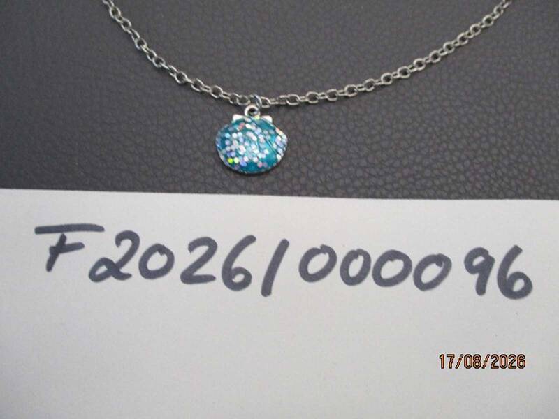 Eine silberne Halskette mit einem blauen glitzernden Anhänger liegt auf einer dunklen Oberfläche, darunter ist eine handschriftliche Nummer "F20261/000096". KI-BildBeschreiber