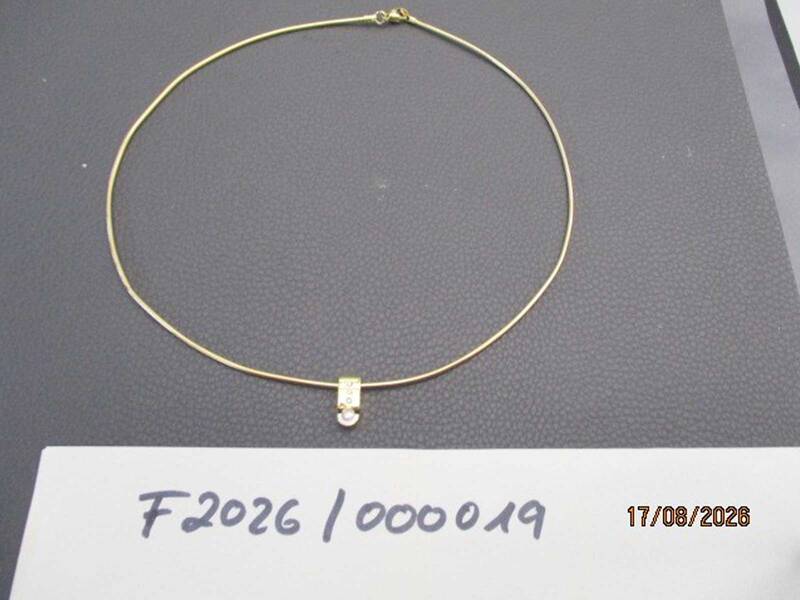Eine feine goldene Halskette mit einem kleinen Anhänger und einem einzelnen, funkelnden Stein liegt auf einer dunklen Unterlage, mit einer handgeschriebenen Nummer F2026 000019 darunter. KI-BildBeschreiber