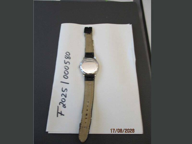 Die Rückseite einer Armbanduhr mit schwarzem Band, das etwas zerschlissen ist, liegt vor einem weißen Hintergrund. Die Bezeichnung F2025 000580 ist zu lesen.