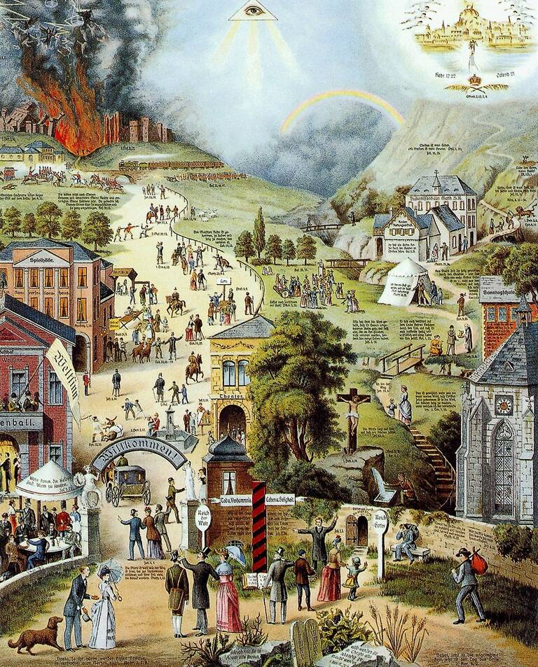 Das Bild zeigt eine symbolische Darstellung eines Lebenswegs, der von einem belebten, weltlichen Bereich über eine kurvenreiche Straße in eine friedliche, himmlische Landschaft übergeht, während verschiedene Menschen unterschiedliche Wege und Entscheidungen treffen.