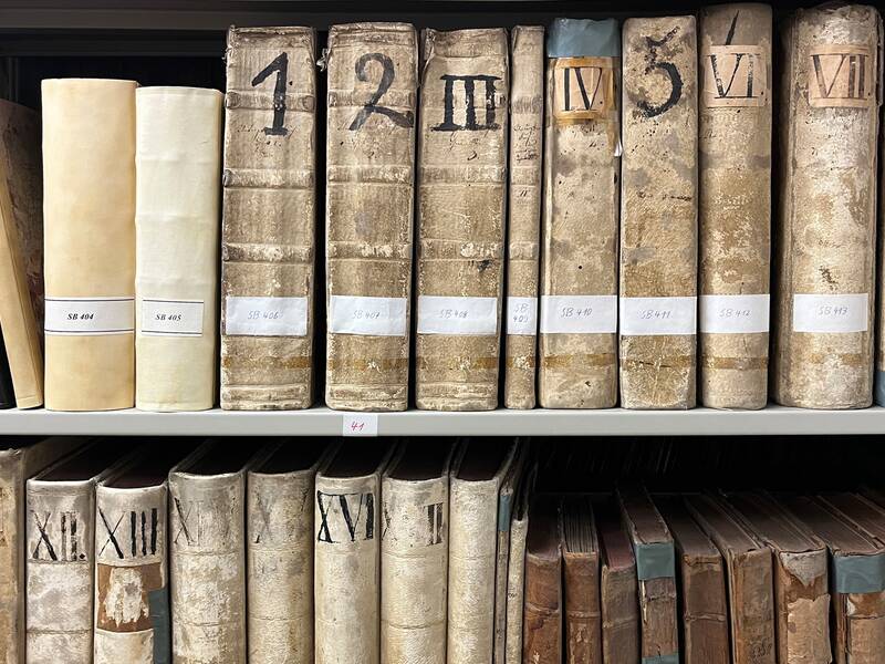 Ein Regal mit alten, abgenutzten Büchern zeigt Buchrücken mit römischen Ziffern und modernen Beschriftungen.