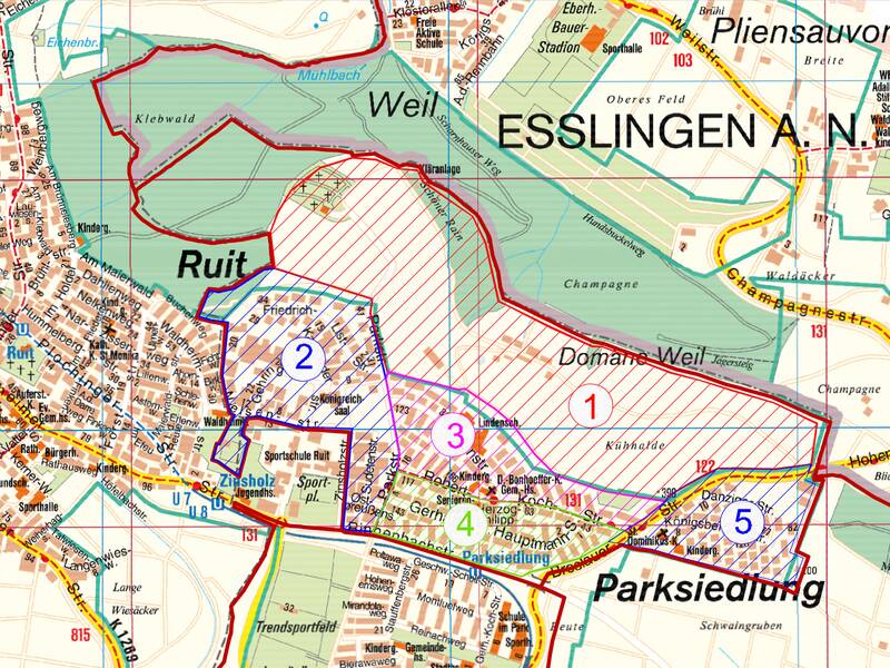 Ein topografischer Kartenabschnitt von der Parksiedlung mit eingezeichneten Gebieten der Putzbezirke, die durchnummeriert und durch farbige Schraffuren hervorgehoben sind.