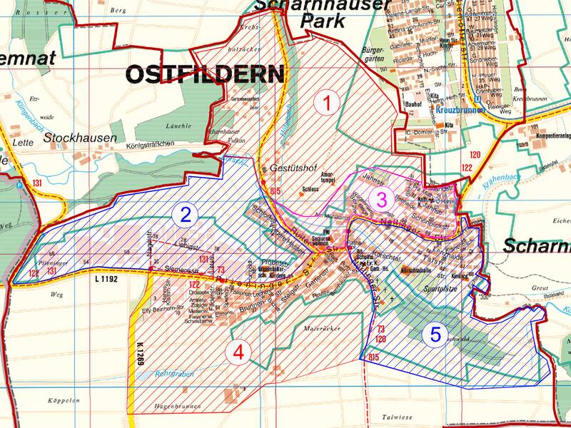 Ein topografischer Kartenabschnitt von Scharnhausen mit eingezeichneten Gebieten der Putzbezirke, die durchnummeriert und durch farbige Schraffuren hervorgehoben sind.