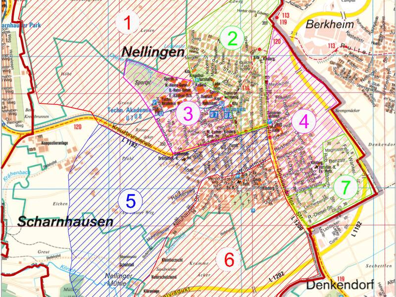 Ein topografischer Kartenabschnitt von Nellingen mit eingezeichneten Gebieten der Putzbezirke, die durchnummeriert und durch farbige Schraffuren hervorgehoben sind.