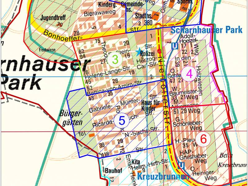 Ein topografischer Kartenabschnitt von Kemnat mit eingezeichneten Gebieten der Putzbezirke, die durchnummeriert und durch farbige Schraffuren hervorgehoben sind.