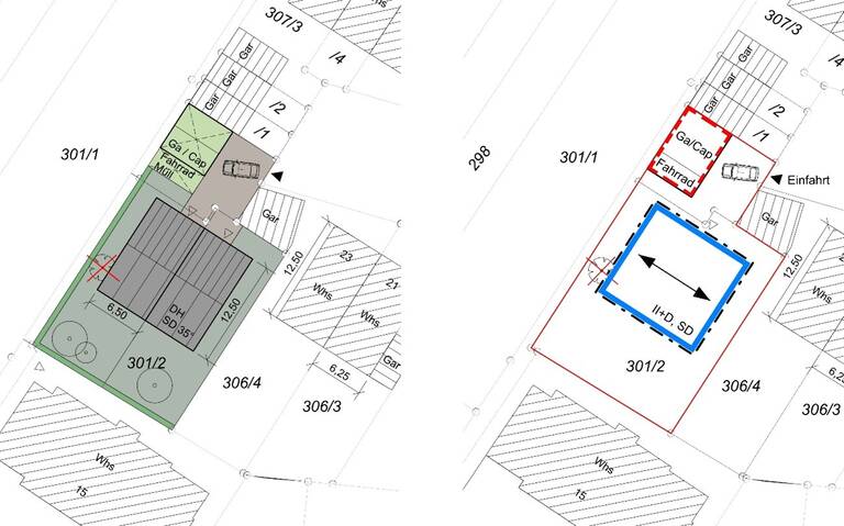 Der Plan zeigt zwei Grundstücke mit detaillierten Skizzen der Flächenaufteilung für Garagen, Zufahrten und andere Nutzungsbereiche. KI-BildBeschreiber