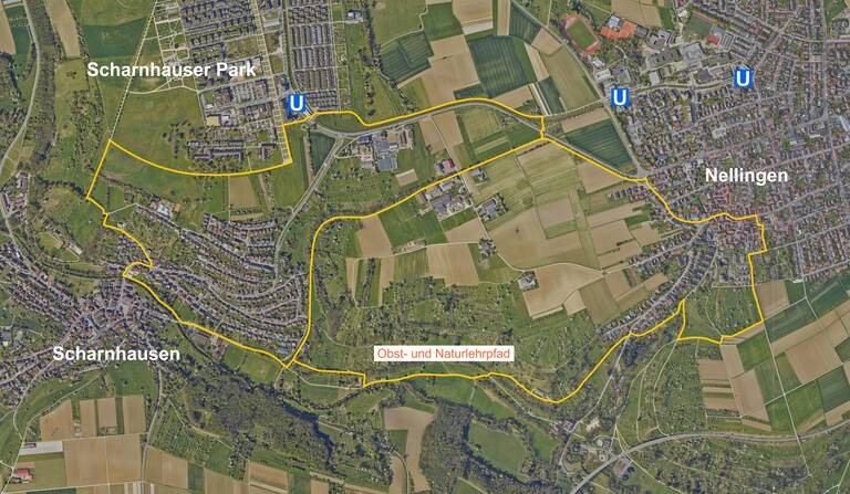 Zu sehen ist eine Karte der Ostfilderner Stadtteile Nellingen, Scharnhausen und Scharnhauser Park. Darauf ist der Verlauf des Obst- und Naturlehrpfads eingezeichnet. 