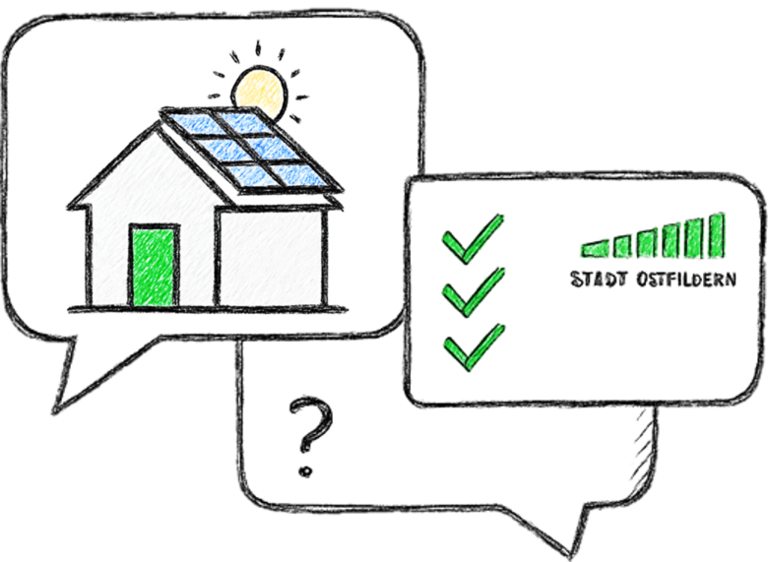 Eine skizzierte Illustration zeigt ein Haus mit Solarpanelen und eine Sprechblase mit grünen Häkchen und einem Diagramm neben dem Text "STADT OSTFILDERN".