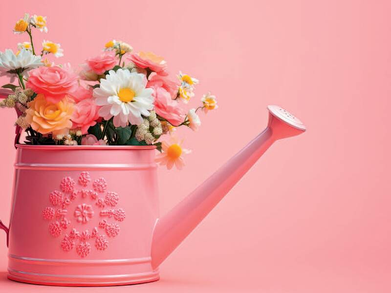 Das Bild zeigt eine rosa Gießkanne, die mit einem bunten Blumenstrauß aus Gänseblümchen, Rosen und weiteren Blüten gefüllt ist. Vor einem einfarbigen rosa Hintergrund strahlt die Szene eine fröhliche, frühlingshafte Stimmung aus.