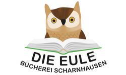 Vor einer Eule liegt ein aufgeschlagenes Buch. Darunter steht "Die Eule Bücherei Scharnhausen"