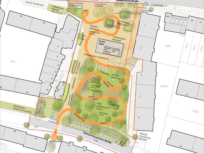 Grafik des Vorentwurf Herzog-Philipp-Platz: Mit Pavillon, Grünfläche und geschwungenem Aktivpfad (orange)