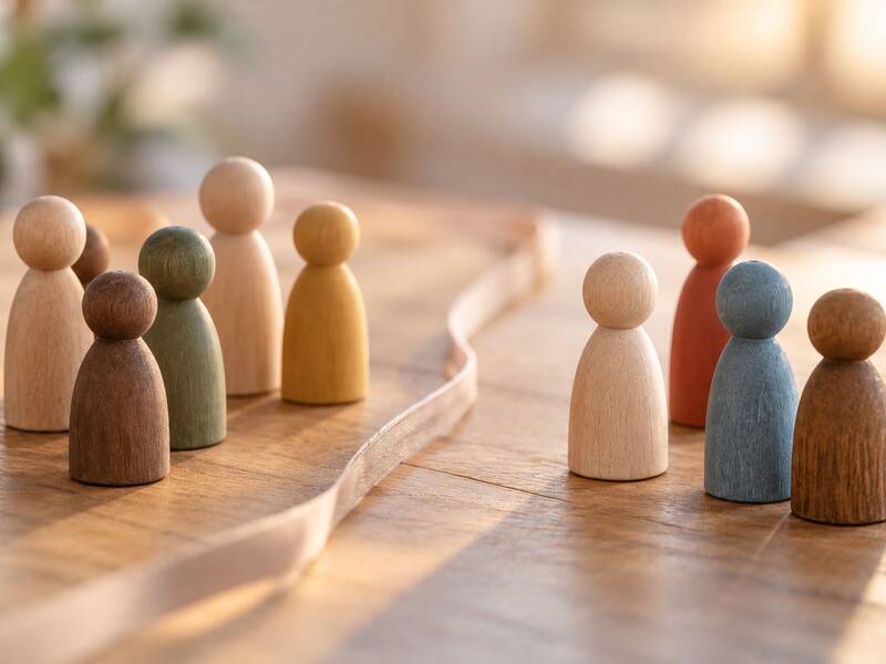 Holzfiguren in verschiedenen Farben stehen auf einem Holztisch und sind durch eine geschwungene Linie voneinander getrennt.  (Ki generiert)