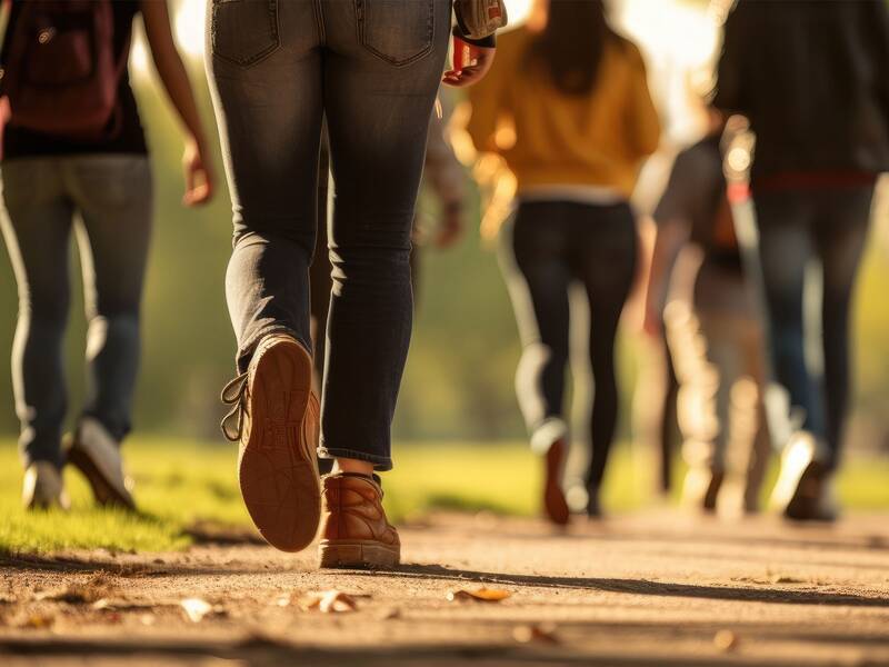 Mehrere Personen gehen auf einem sonnenbeschienenen Gehweg. (KI generiert)