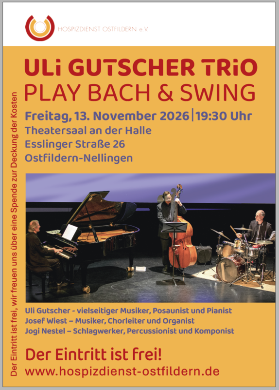 Die Ankündigung zeigt ein Konzertplakat für das "Uli Gutscher Trio" mit einem Foto der drei Musiker am Klavier, Kontrabass und Schlagzeug. KI-BildBeschreiber