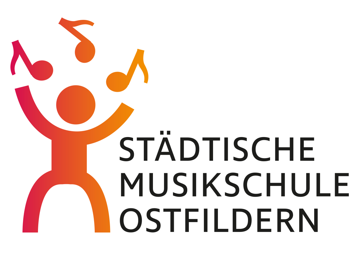 Logo mit dem Text Städtische Musikschule Ostfildern. Daneben ein Illustriertes Männchen das mit Noten jongliert