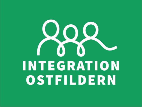 Logo Integration: weiße Schrift in Großbuchstaben Integration Ostfildern, darüber drei Menschen zeichnerisch verbunden
