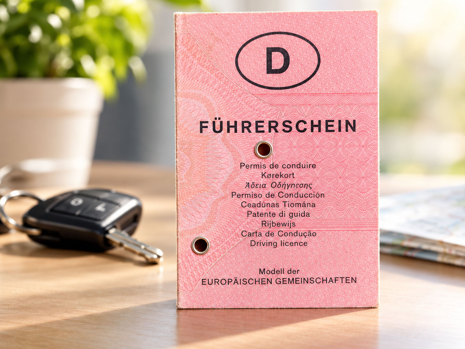 Das Bild zeigt einen deutschen, rosafarbenen Führerschein im alten Papierformat, der auf einem Tisch steht, mit einem Autoschlüssel im Hintergrund. (KI generiert)